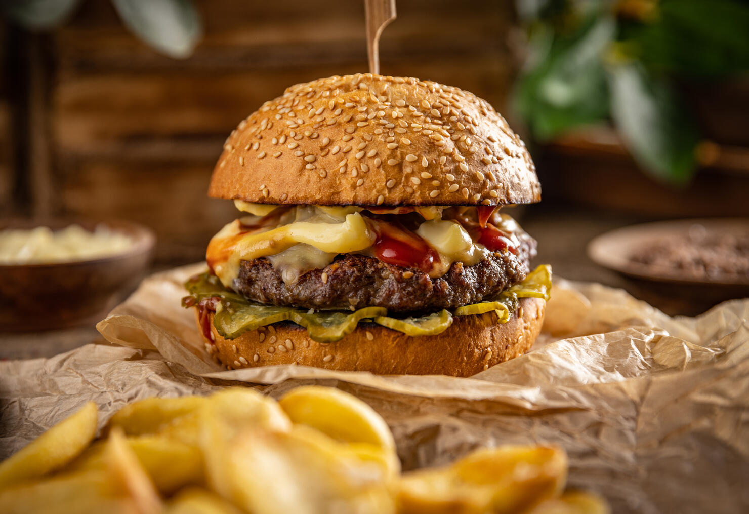 Tasty grilled home made burger,Close-up of burger on serving board
