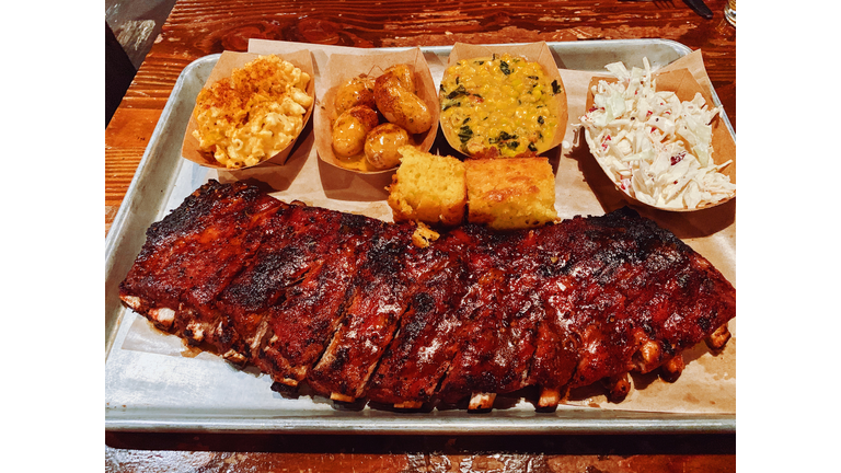 Rack of barbecue pork ribs in a grill restaurant
