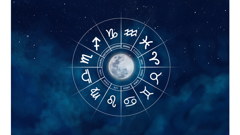 Zodiac signs inside of horoscope circle. Astrology in the sky with many stars and moons  astrology and horoscopes concept