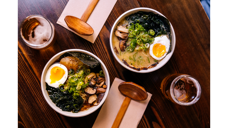Ramen soup served at the restaurant, directly above view