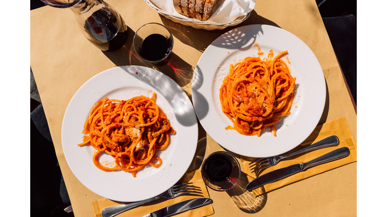 Pasta Amatriciana served in Italian restaurant in Rome, Italy