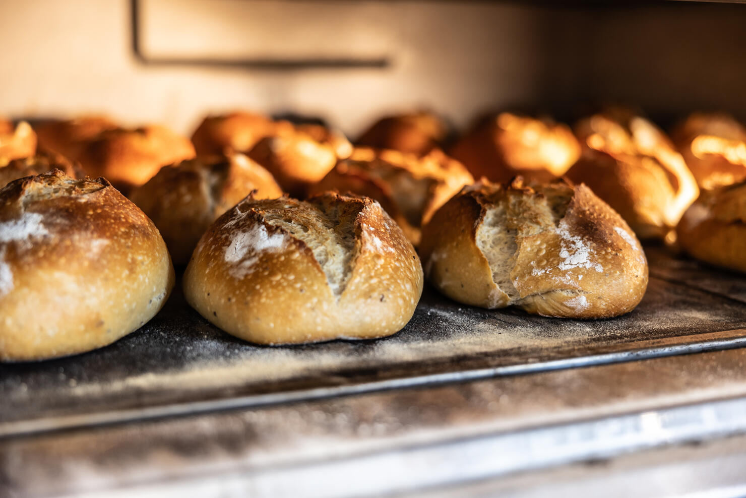 Freshly baked breads in the bakery oven - Close up.