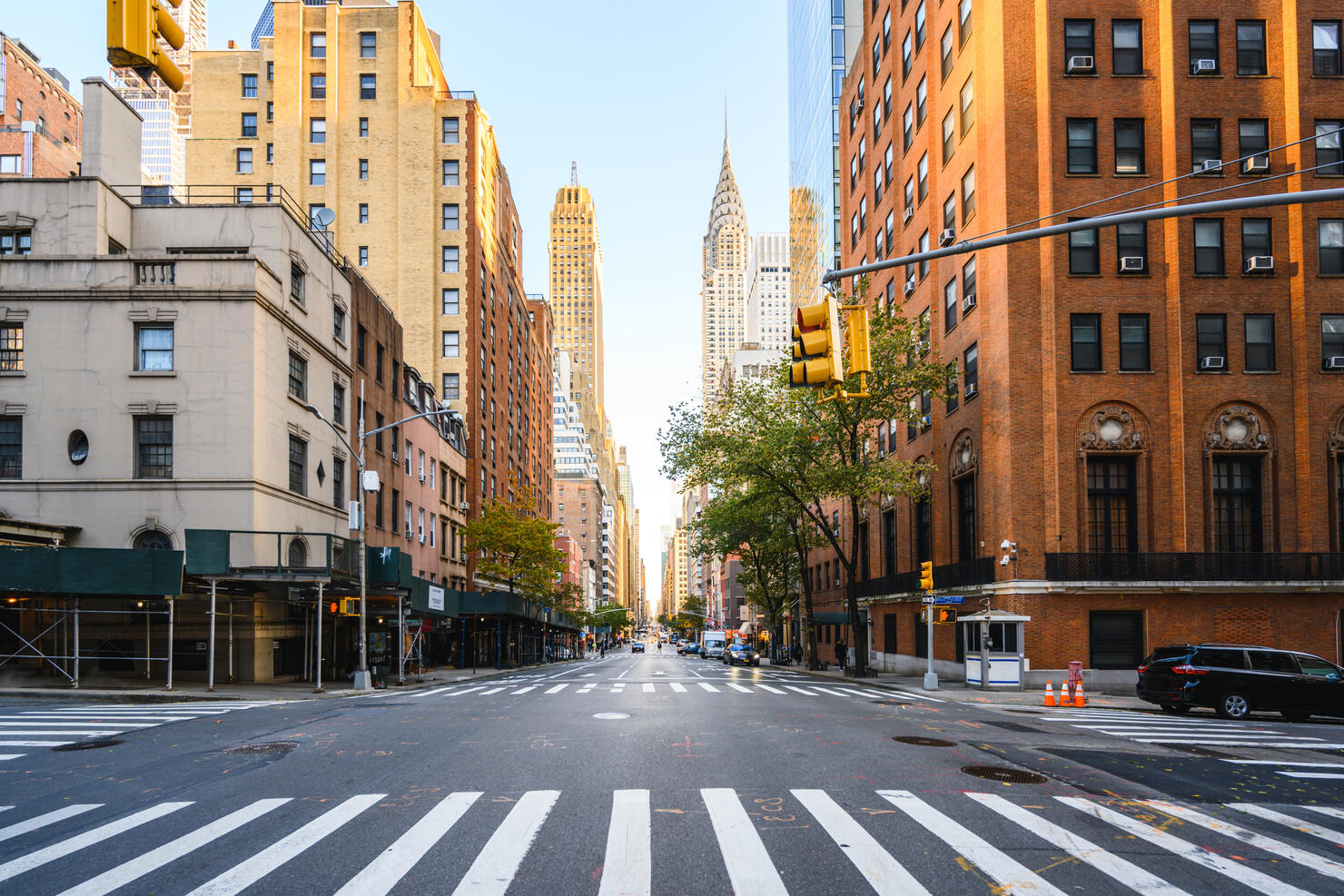 Street in Manhattan Downtown with Crysler Building, New York City, USA
