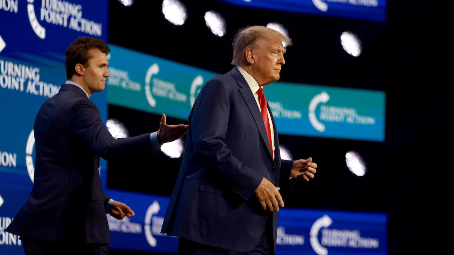 Former President Trump Addresses The Turning Points Action Conference In West Palm Beach, California