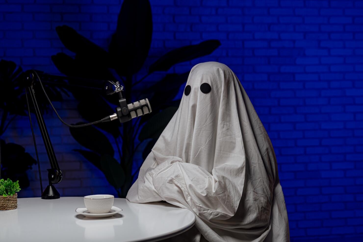 Ghost costume recording podcast in dark studio