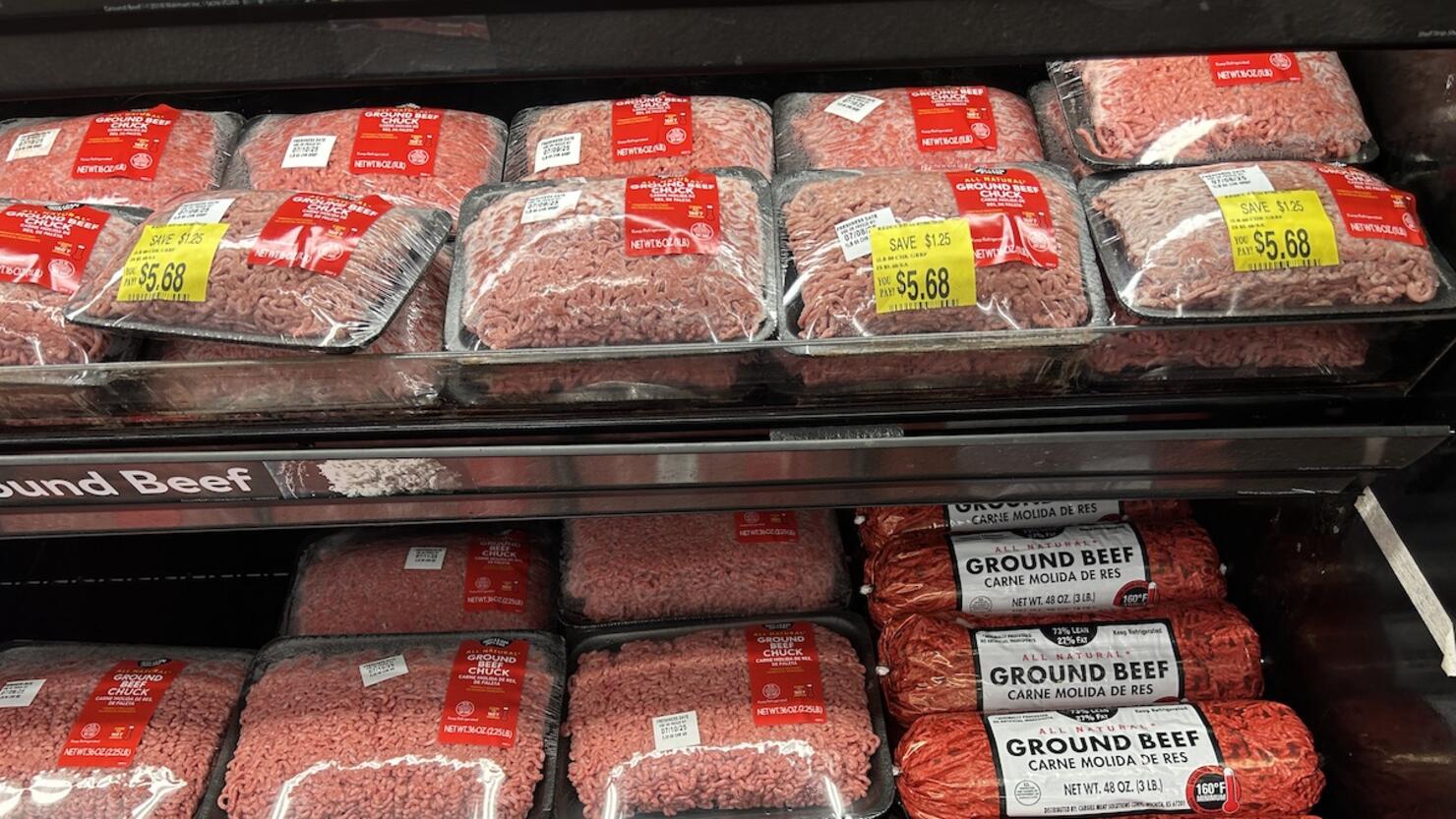 Ground Beef displayed in the refrigerator aisle of Wal-Mart megastore, Denver, North Carolina