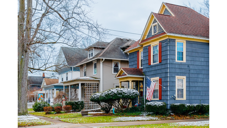 Row of Single Family Homes on Residential Street in Western New York During Early Winter