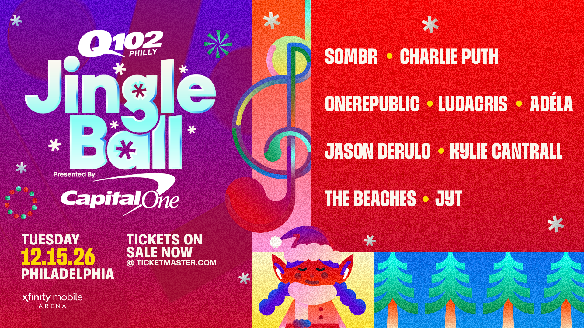 Q102's Jingle Ball 2026 presented by Capital One, Tuesday 12.15.26 at Xfinity Mobile Arena in Philadelphia, featuring sombr, Charlie Puth, OneRepublic, Ludacris, Adéla, Jason Derulo, Kylie Cantrall, The Beaches and JYT. Capital One Cardholder Pre-Sale Tuesday 9/29 at 10AM through Thursday 10/1 at 10AM. Public on sale Friday 10/2 at 12PM. Tickets on sale at Ticketmaster.com.