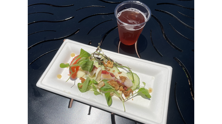 Meyer Lemon-poached Lobster Salad with Grapefruit-Rosé Vinaigrette, Yuzu-marinated Hearts of Palm, and Avocado-Yuzu Panna Cotta & Playalinda Brewing Company Hibiscus Lime Ale - The Citrus Blossom