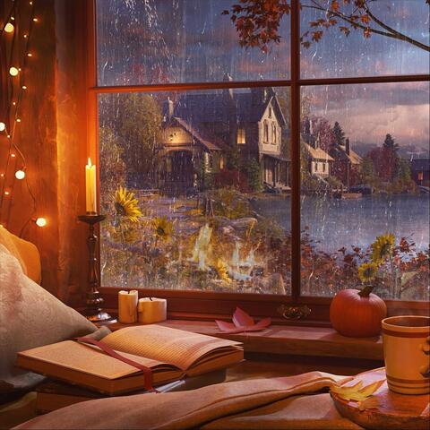 Relaxing Autumn Rainfall on Window with Fireplace