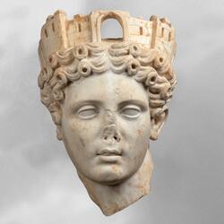 ancient greek terracotta statuette of a woman looking into a box mirror