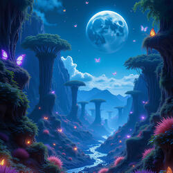 A river flows between mushroom like trees under the moon light
