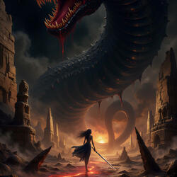 The girl using a long sword tries to defend against the giant serpent.
