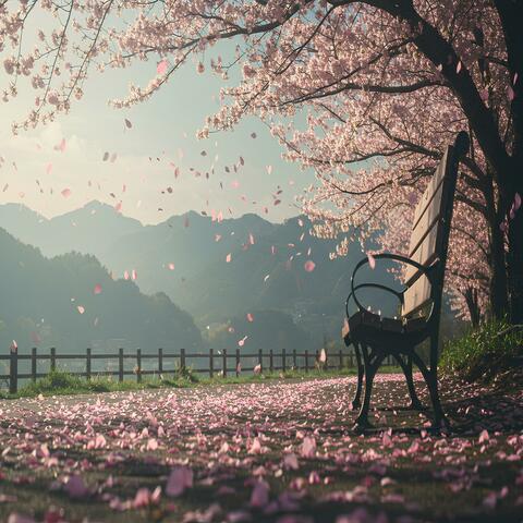공원 벤치와 벚꽃이 만개한 나무들-Park benches and cherry trees in full bloom.