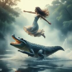 Mamma hoppar över en krokodil