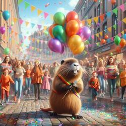 Nutria trying to fly using balloons