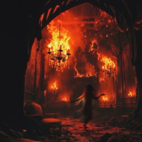 Dancing woman in a burning ballroom