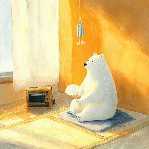 A polar bear is listening to the radio while holding a fan. – lo-fi chill BGM