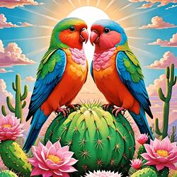 Two Lovebirds On A Cactus