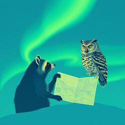 Raccoon and Owl Chasing Santa