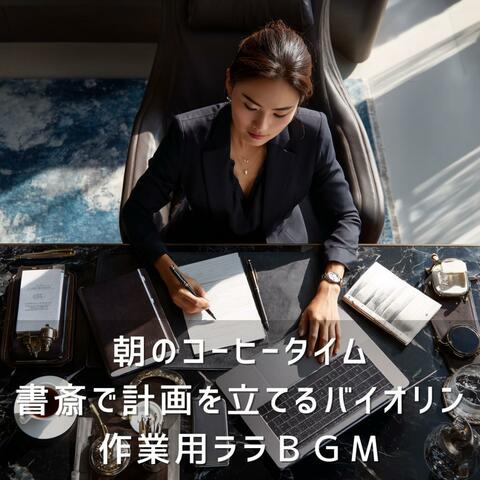 朝のコーヒータイム 書斎で計画を立てるバイオリン