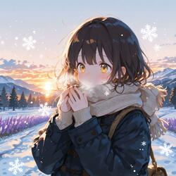 Snow scene at sunset