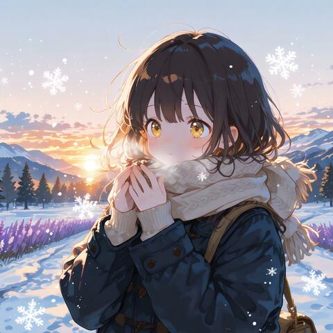 Snow scene at sunset