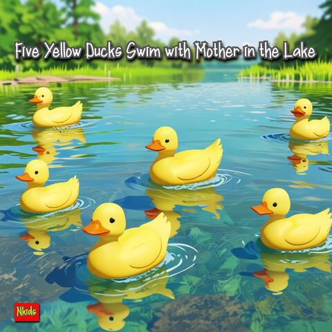 Five Yellow Ducks Swim with Mother in the Lake