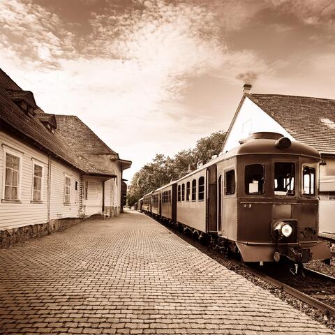 On a train in an old town