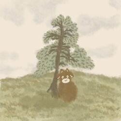 a cow turned into a human and an old pine tree