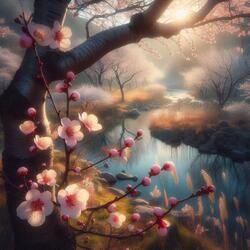 Spring whisper fountain cherry blossoms windows