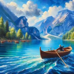 summer voyage across a crystal-blue lake