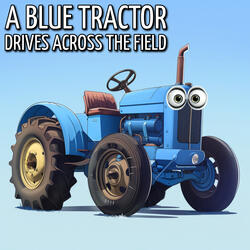 A blue tractor drives across the field