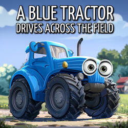 A blue tractor drives across the field