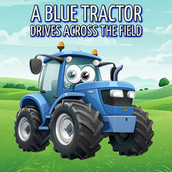 A blue tractor drives across the field