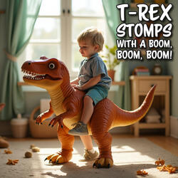 T-Rex stomps with a BOOM, BOOM, BOOM!