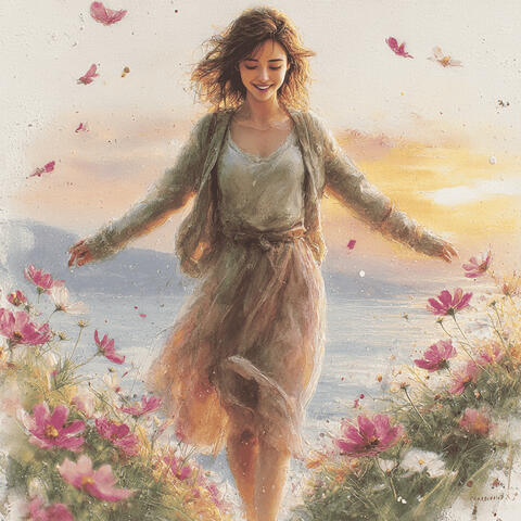 コスモスが風と踊る夕暮れに