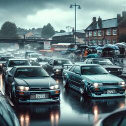 Tuned Japanese Cars Arriving at a Rainy Day Gathering