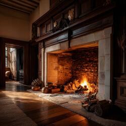 Burning Wood on the Fire in an English Manor House